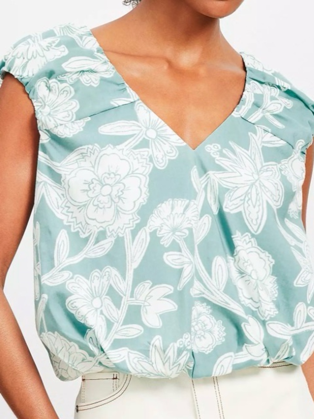 LOFT Mint Green and White Floral V-Neck Blouse